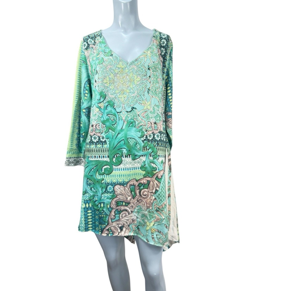Women's XL one world live and let live green V Neck asymmetrical embellished Top